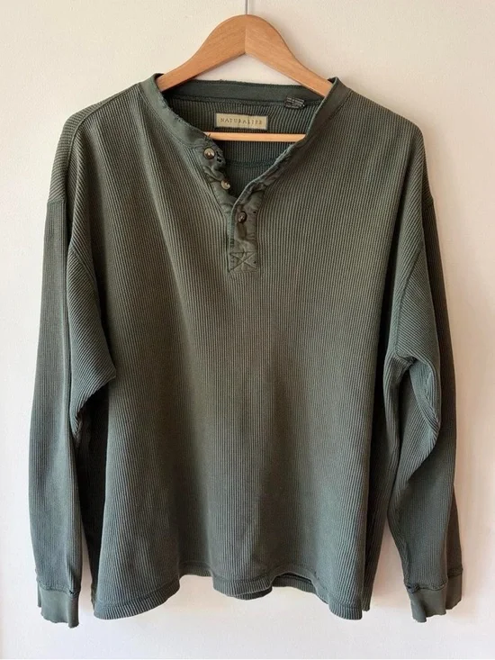 Vintage 90s grunge skater distressed henley button waffle knit shirt green L-XL - Picture 3 of 11